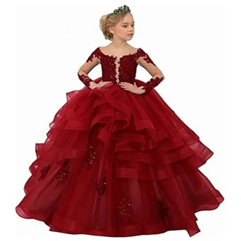 Платье с цветочной кружевной аппликацией Для девочек, детские платья для свадебной вечеринки, Новая детская одежда, Платье принцессы для первого причастия