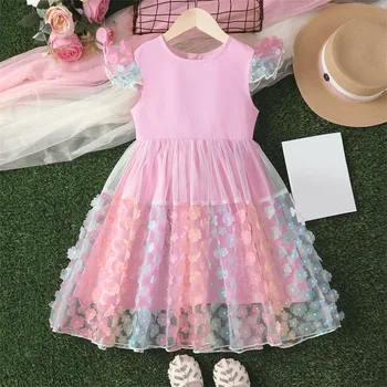 Платья для девочек, длинные Летние платья для маленьких детей, круглый вырез, рукав-мушка, кружевное платье с 3D цветочным принтом, школьница, праздничное платье для девочек от 4 лет