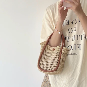 Плетеная соломенная сумка Женская Новая тканая сумка контрастного цвета для переноски в руке, универсальная сумка через плечо