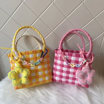 Повседневная Простая сумка для покупок, летняя новая тканая пляжная сумка для девочек, детская модная цветная сумка-тоут, маленькие квадратные сумки с цветочными аксессуарами
