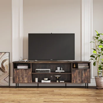 Подставка для телевизора Современный деревянный консольный стол для мультимедийного развлекательного центра с 4 дверцами и 4 открытыми полками, подходящий для жилых комнат
