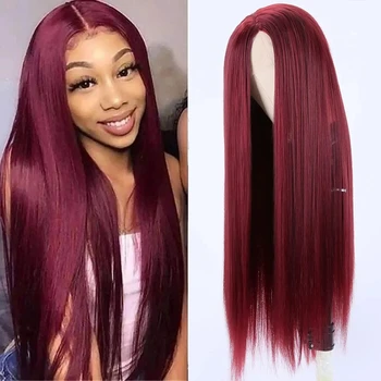 Прямой бордовый кружевной парик длиной 14-30 дюймов, винно-красный парик, синтетический Т-образный кружевной парик со средней частью, для ежедневного использования женщинами