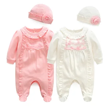 Распродажа хлопчатобумажных туфель с рюшами для новорожденных девочек, комбинезон с шапочкой, новая весенняя розовая одежда для новорожденных девочек, большая распродажа 3 м
