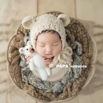 Реквизит для фотосъемки в шапке с новорожденным медведем, Вязаный вручную Плюшевый Мишка, Шапочка, Вязаная крючком, Мягкая шапка Aniaml, реквизит для фотосъемки