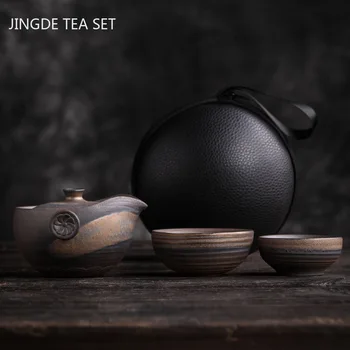 Ретро Керамический Чайный Набор Для Обжига Керамики, Сменный Чайник Для Китайской Чайной Церемонии, Дорожный Портативный Чайный Набор, Один Чайник и Две Чашки