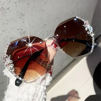 Ретро Режущие линзы, Градиентное Солнцезащитное стекло, Винтажные солнцезащитные очки UV400 без оправы со стразами, Модный бренд, Дизайнерские солнцезащитные очки женского оттенка