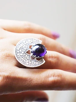 Ретро кольцо с фиолетовым драгоценным камнем, богемный народный цветок, вырезанный ветром, веерообразное кольцо для указательного пальца, женское