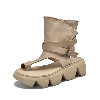 Римская крутая обувь, сапоги на платформе с открытым носком, после 2021 года, chun xia, джокер, пряжка для ремня, пустой комплект для отдыха в стиле ретро, босоножки с высоким носком