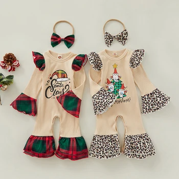 Рождественские комбинезоны для новорожденных девочек с буквенной шляпой / принтом дерева, расклешенные комбинезоны с длинными рукавами, боди в клетку /Леопардовое лоскутное шитье