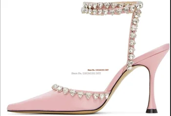 Розовые атласные вечерние туфли на высоком каблуке, туфли-лодочки на тонком высоком каблуке с большим драгоценным камнем в виде сердца, женские свадебные туфли на шпильке с острым носком