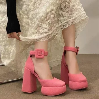Розовые туфли-лодочки принцессы на платформе Женские туфли Мэри Джин на толстом каблуке Женские туфли на высоком каблуке с квадратным носком Женские Mujer Zapatos