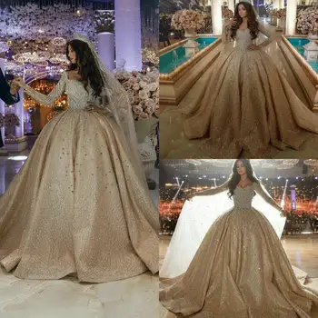 Роскошное Бальное платье цвета шампанского, свадебные платья 2020 года, свадебные платья с длинными рукавами, расшитые бисером, Свадебное платье большого размера с кружевной аппликацией