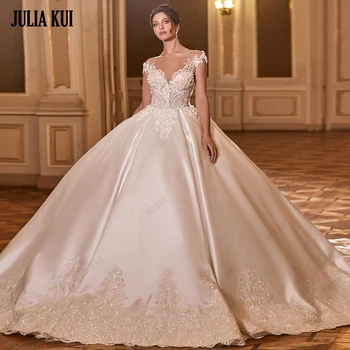 Роскошное атласное бальное платье Julia Kui, Свадебное платье С бисером, расшитое жемчугом, Кружевные юбки для новобрачных с иллюзорным вырезом