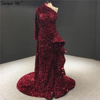 Роскошные вечерние платья на одно плечо винно-красного цвета 2023, сексуальное женское платье Serene Hill HM67056, расшитое блестками