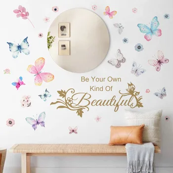 Самоклеящаяся наклейка на стену из ПВХ на 2 листа, креативная бабочка и графический слоган, водонепроницаемая наклейка на стену для гостиной
