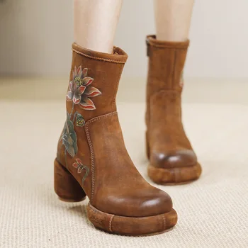 Сапоги до середины икры по щиколотку 7,5 см, женские демисезонные ботинки на массивном каблуке, дизайнерская роскошная дорогая обувь из натуральной коровьей замши и натуральной кожи