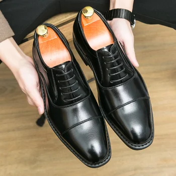 Свадебные коричневые мужские туфли-оксфорды в стиле дерби ручной работы, черные деловые мужские модельные туфли на шнуровке с квадратным носком