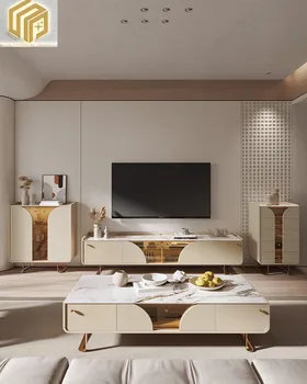 Светлая роскошная тумба для телевизора, простое сочетание современных журнальных столиков, тихая гостиная в кремовом стиле, высококачественная кабина для хранения каменных панелей.