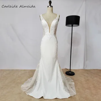 Сексуальное свадебное платье Русалки с V-образным вырезом 2021, Атласное и кружевное Романтическое свадебное платье со шлейфом в часовне невесты