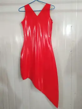 Сексуальное уникальное женское платье из латекса красного цвета без рукавов с V-образным вырезом и низкой грудью, размер XXS-XXL 0,4 мм