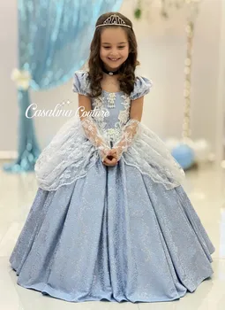 Синие бальные платья принцессы, платья с цветочным узором для девочек, кружевные бусы, детские платья для празднования Дня рождения, детские платья для фотосессии