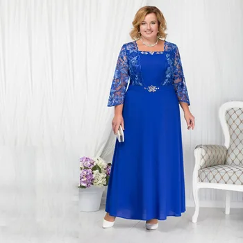 Синие платья для выпускного вечера больших размеров для мамы, кружевное свадебное платье для гостей с квадратным вырезом и длинными рукавами, шифоновое вечернее платье трапециевидной формы