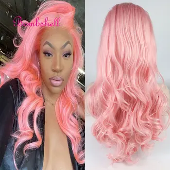 Синтетический парик с кружевом спереди, живые розовые волосы из натуральных волнистых термостойких волокон, натуральный пробор без линии роста волос Для белых женских париков