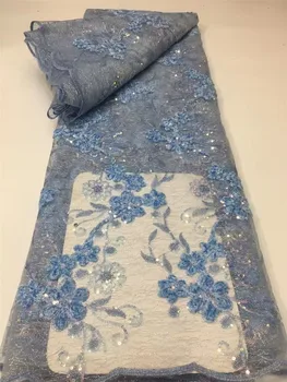 Синяя Африканская тюлевая сетка, кружевная ткань с блестками, французская сетка, высококачественная Нигерийская ткань для платья Tissu Africain En Dentelle DN16