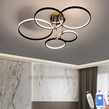 Современный светодиодный потолочный светильник, светодиодная люстра для гостиной, спальни, кухни, Потолочный светильник с кольцом 3-5 Black Lustre App / Remote 110-220V