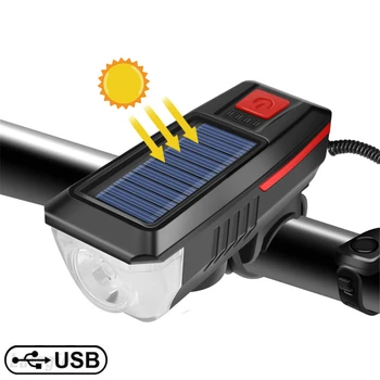 Солнечный Велосипедный фонарь с клаксоном MTB Фара для шоссейного велосипеда USB Зарядка Водонепроницаемый Руль Передний фонарь Ночной Велоспорт Аксессуары для велосипедов
