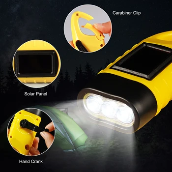 Солнечный ручной фотоэлектрический перезаряжаемый фонарик, светодиодный аварийный динамо-фонарик с зажимом для кемпинга на открытом воздухе