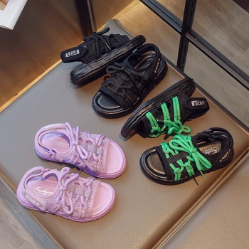 Спортивные сандалии для девочек, простые нескользящие однотонные Модные универсальные детские спортивные туфли с открытым носком для мальчиков, Повседневная детская спортивная обувь из сетчатого материала
