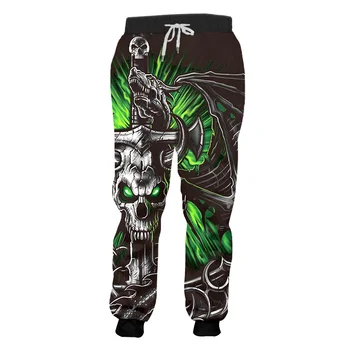 Спортивные штаны мужские с крутым принтом, зеленые штаны для бега трусцой в виде рога черепа, повседневная уличная одежда в стиле хип-хоп, брюки полной длины