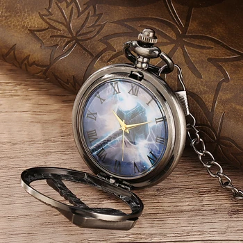 Стимпанк Cool Hammer Дисплей Кварцевые карманные часы Half Hunter Ожерелье Часы Мужские Женские с римскими цифрами Циферблат Антикварные часы