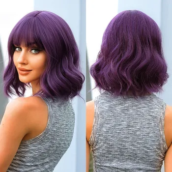 Темно-фиолетовый Короткий Боб, синтетические парики, волнистый парик, волосы для косплея с челкой для женщин, натуральные термостойкие волосы для вечеринки в стиле Лолиты
