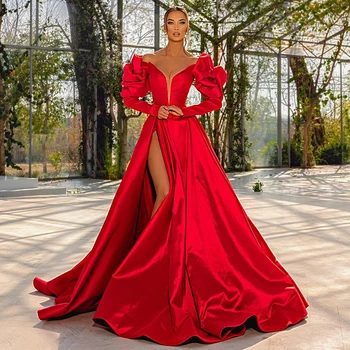 Тонкие сексуальные платья для выпускного вечера трапециевидной формы, красное атласное вечернее платье с длинным рукавом и V-образным вырезом, вечерние платья для коктейлей в пол, большие размеры