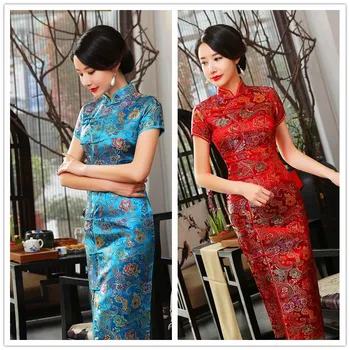 Традиционный китайский стиль Cheongsams Chi-Pao Qipao, шелковое парчовое длинное платье с десятью пряжками, праздничный костюм