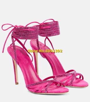 Украшенные кристаллами ремешки на шнуровке, Летние сандалии на шпильке с открытым носком, розово-фиолетовые, черные Модные женские туфли с ремешком на щиколотке