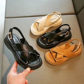 Универсальная детская обувь с перекрестной шнуровкой Для мальчиков и девочек, сандалии на танкетке и платформе с ремешком сзади, детская обувь, пляжные горки F05123