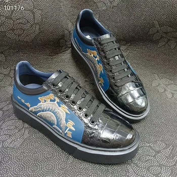 Уникальная дизайнерская вышивка, аутентичная Крокодиловая кожа, мужская винтажная обувь из натуральной кожи Аллигатора, мужские уличные туфли на шнуровке