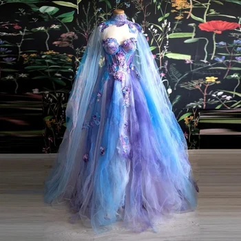 Фантазийное голубое Сказочное бальное платье из тюля с разрезом сбоку, 3D Цветочная наклейка, Многослойные Пушистые Длинные вечерние платья Robe De Soirée