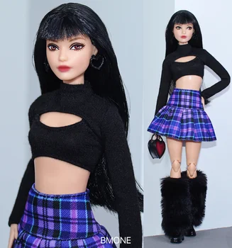Черная рубашка + синяя юбка в сетку / комплект одежды / осенняя одежда для куклы 30 см для куклы Барби 1/6 Xinyi Fr2 ST