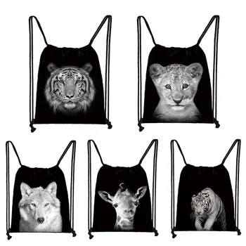 Черно-белая сумка на шнурке с принтом диких животных, мужские сумки для хранения, рюкзак для мальчиков с тигром, львом, волком, подростковая дорожная сумка 35x55 см