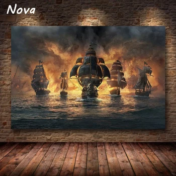 Черный парусник Винтажный Пиратский корабль Морской пейзаж Холст Живопись Плакаты и принты Корабельные фрески для украшения гостиной дома