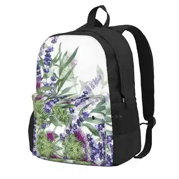 Чертополох и лаванда Школьная сумка для хранения Студенческий рюкзак Цветочное искусство Flower Art Шотландия Цветы Лаванды Розовый Чертополох Фиолетовый
