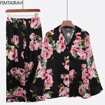 Шелковая пижама Для женщин С длинными рукавами, высококачественная женская шелковая пижама, летняя с цветком пиона, новая шелковая пижама из двух частей