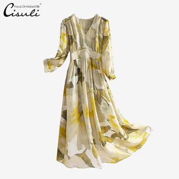 Шелковое платье с принтом CISULI, 100% шелк тутового дерева, Женские Летние платья с цветочным узором Оптом