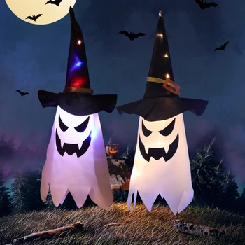 Шляпа ведьмы на Хэллоуин, подвесной светильник, Шляпа волшебника-призрака, светодиодная лампа-призрак, Подвесной мигающий светильник-призрак Ведьмы, декор для вечеринки на Хэллоуин