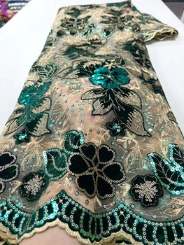 Элегантная Зеленая Африканская кружевная ткань Блестки Бархат для свадебной вечеринки Высококачественный тюль Французская вышивка Нигерийские платья 5 ярдов