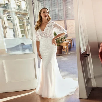 Элегантное кружевное свадебное платье Русалки для невесты, плюс размер, короткий рукав, V-образный вырез, Trian Illusion, Спинка, Свадебное платье на заказ